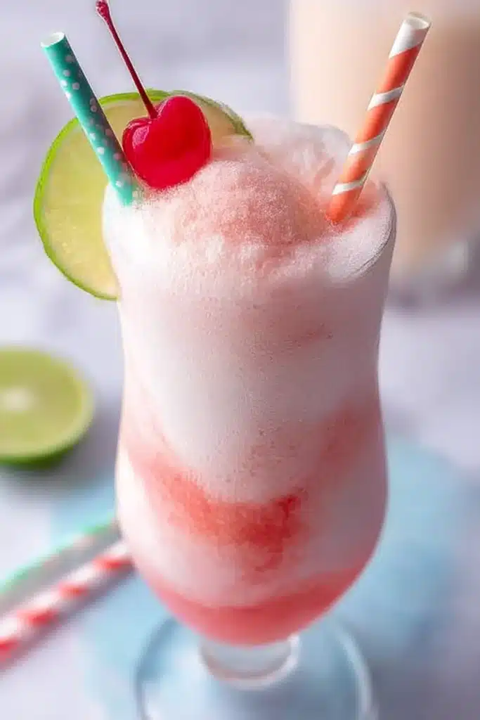 Shirley Temple Ice Cream Float: Sweet, Fizzy, and Fun 8 Close-up of a pink Shirley Temple float with creamy vanilla ice cream, cherry and lime garnish, and striped paper straws