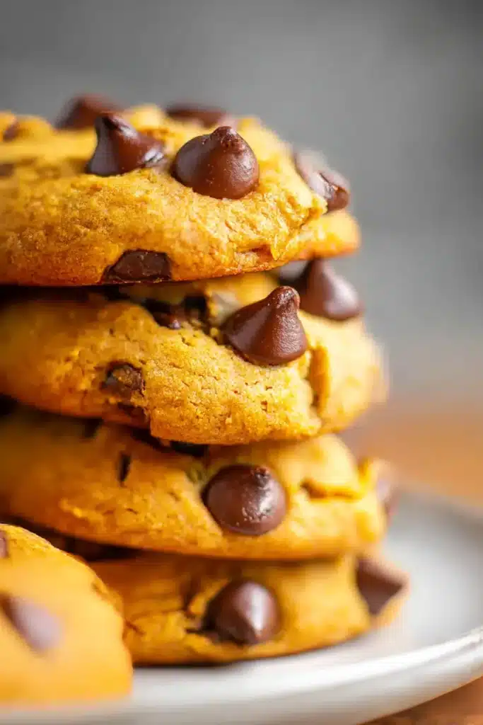 Classic Pumpkin Chocolate Chip Cookies | Amazing Fall Treat 7 Close-up of classic pumpkin chocolate chip cookies stacked with soft, fluffy texture and glossy chocolate chips