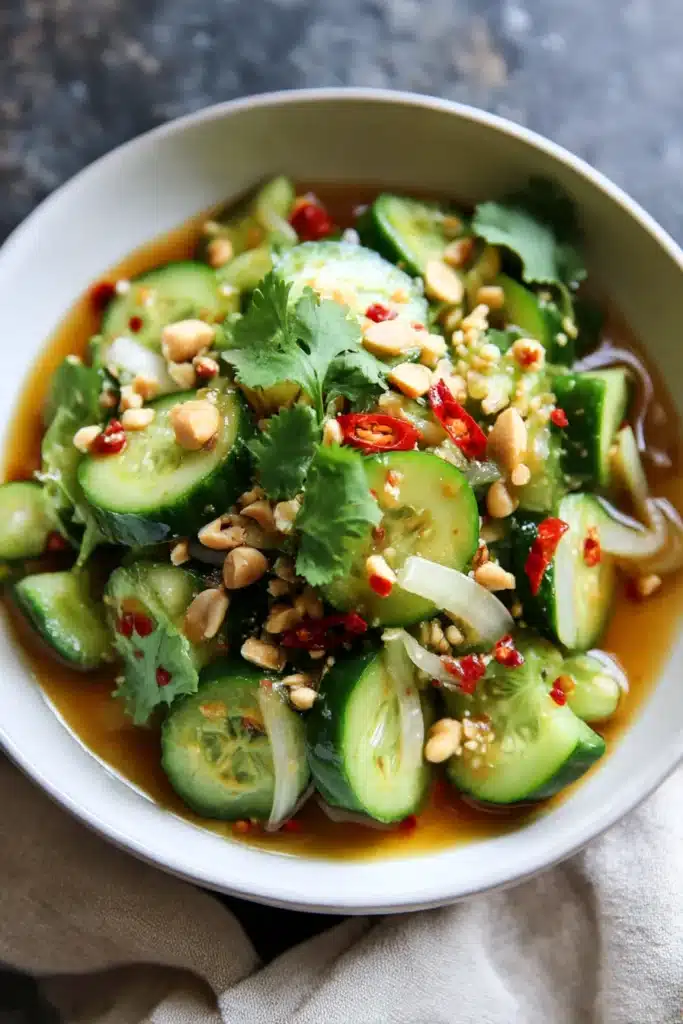 Close-up of Thai cucumber salad with crushed peanuts, onions, cilantro, and chili dressing in a white ebowl