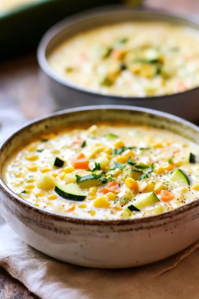 Summer Corn Chowder Soup Recipe: Fresh, Simple, and Comforting 9 Close-up side view of summer corn chowder soup with sweet corn, zucchini, carrots and parsley in rustic ceramic bowl on wooden background