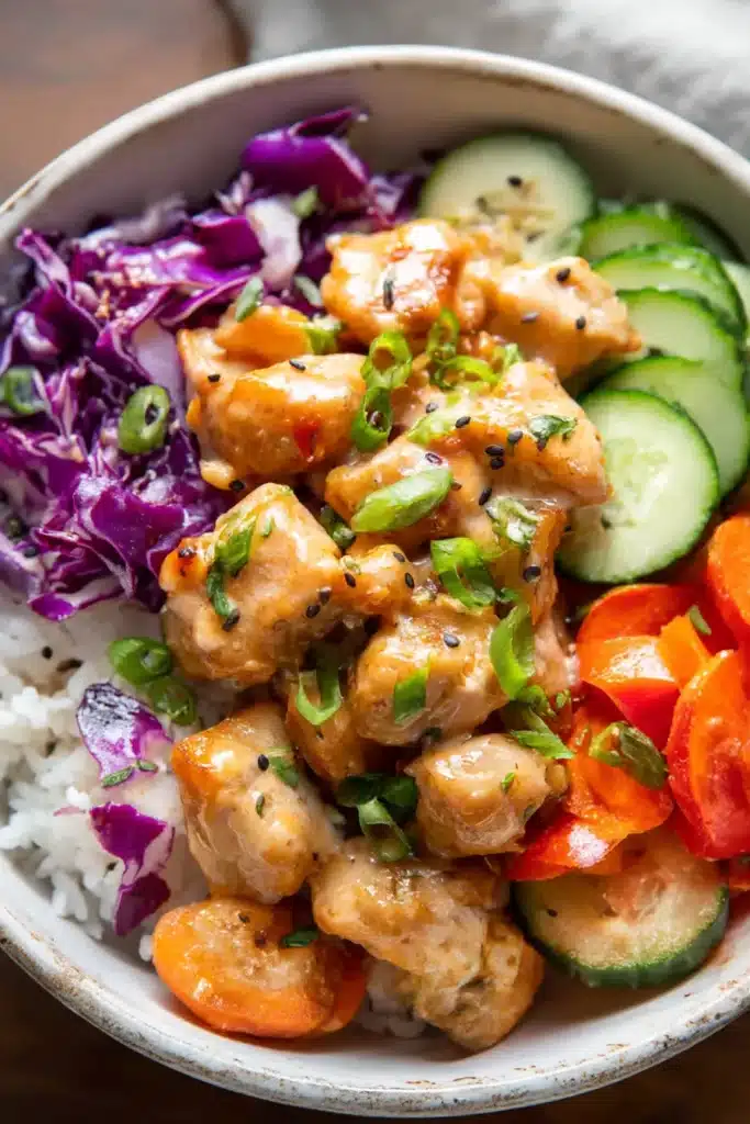 Bang Bang Chicken Bowls close-up with chicken, carrots, red cabbage, cucumber, rice, and sesame seeds