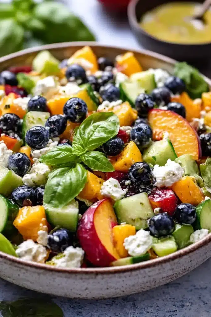 Close-up of Blueberry Peach Feta Salad with cucumbers, basil, blueberries, and feta in a rustic bowl
