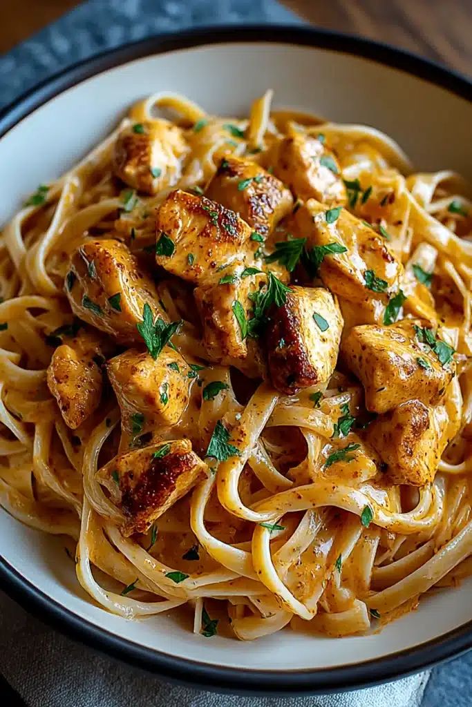 Creamy cowboy butter chicken linguine with golden seared chicken and garlic butter sauce in a rustic ceramic bowl

