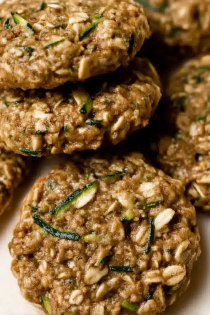 Healthy Zucchini Oatmeal Cookies | Soft, Cozy Treat 9 Close-up of healthy zucchini oatmeal cookies with rustic chewy texture and visible zucchini flecks