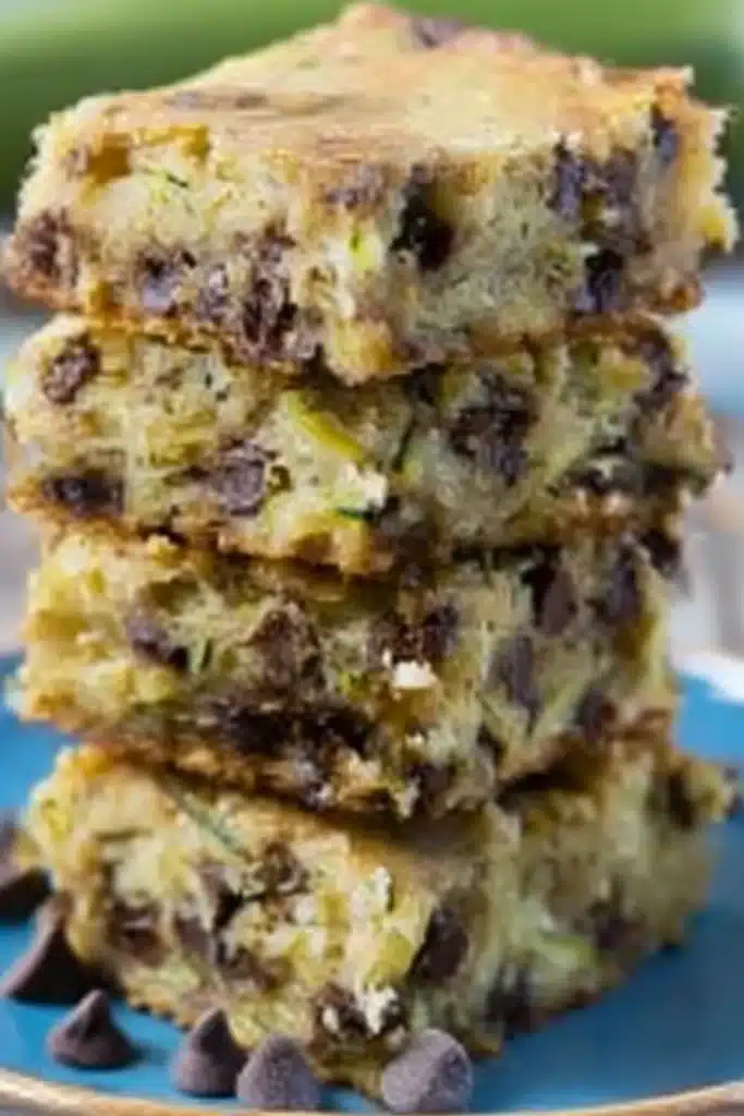 four chocolate chip zucchini bars stacked on a white plate with visible chocolate and zucchini