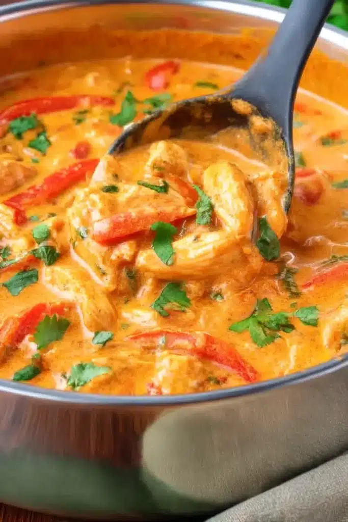 Creamy Thai red curry chicken with bell peppers and cilantro in a ladle