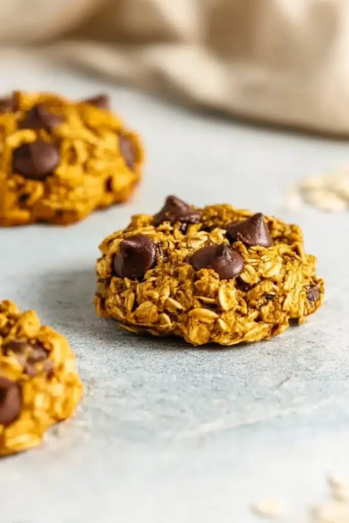 Close-up of a rustic baked pumpkin oat cookie with oats and melted chocolate chips.