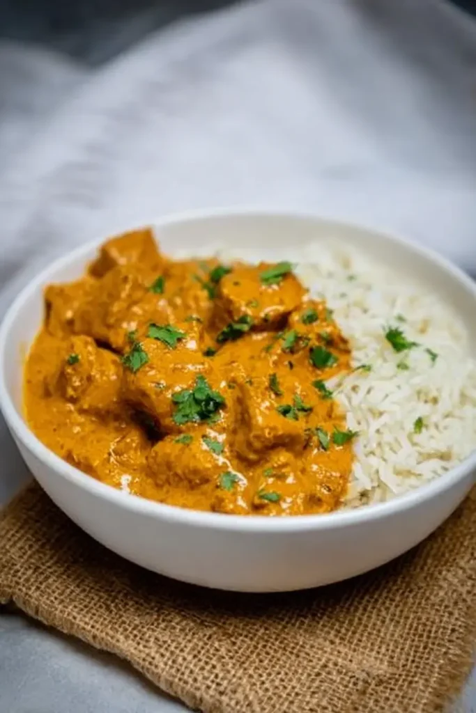 Bowl of coconut chicken curry and basmati rice garnished with cilantro on a rustic table.