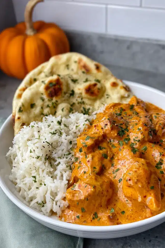 Easy Homemade Butter Chicken – Simple & Sensational Dinner 9 Easy homemade butter chicken with rice and naan in a white bowl
