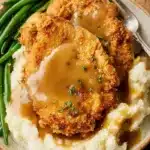 Country Fried Chicken That’s Crispy, Juicy, and Easy 13 Country fried chicken with mashed potatoes and gravy, served with green beans on a rustic plate