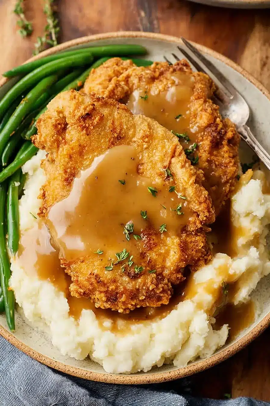 Country fried chicken with mashed potatoes and gravy, served with green beans on a rustic plate