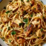 Bowl of cowboy butter chicken linguine with golden seared chicken, creamy pasta, and fresh herb garnish in a rustic dish