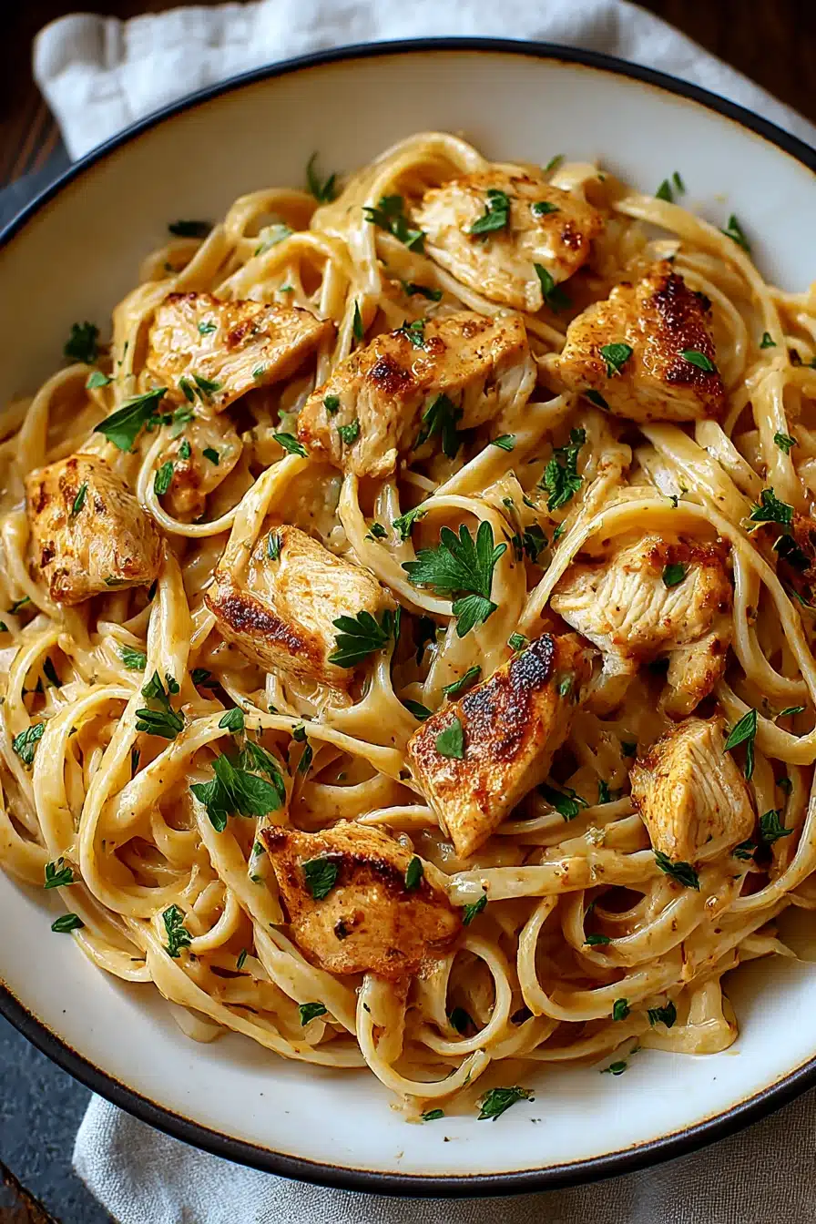 Bowl of cowboy butter chicken linguine with golden seared chicken, creamy pasta, and fresh herb garnish in a rustic dish