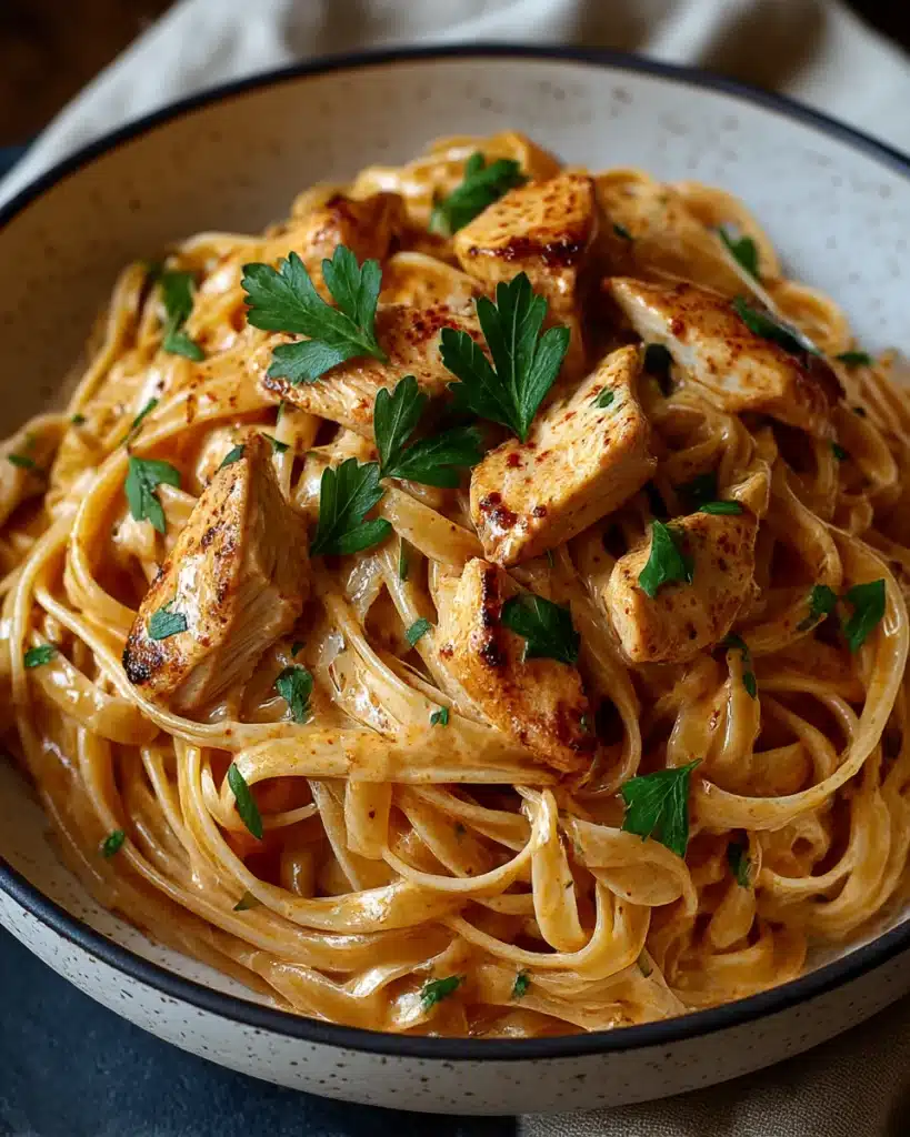 Close-up of cowboy butter chicken linguine with juicy seared chicken and garlic butter sauce in a rustic bowl


