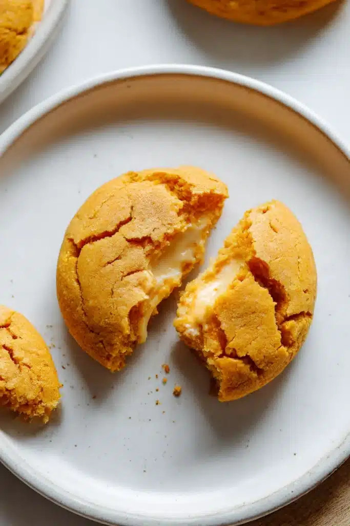 Pumpkin cheesecake cookie broken open with creamy filling on white plate