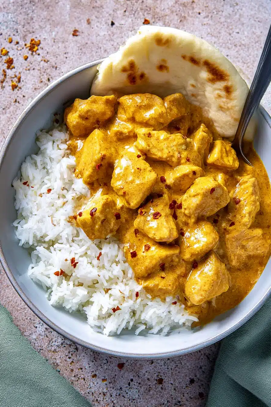 Creamy butter chicken served in a white bowl with rice and naan