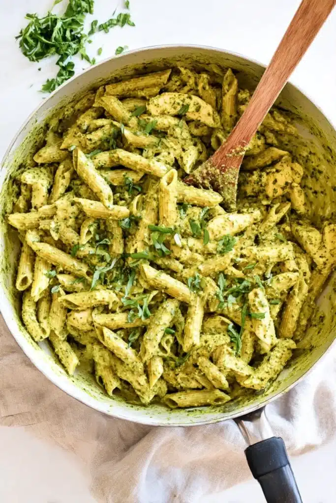 Overhead shot of creamy chicken pesto pasta in skillet with seared chicken and vibrant pesto sauce