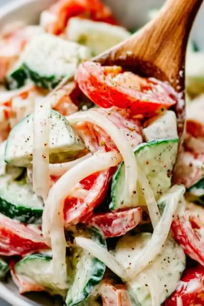 Creamy Cucumber and Tomato Salad | Quick & Refreshing 7 Creamy cucumber and tomato salad tossed with garlic dressing and wooden spoon