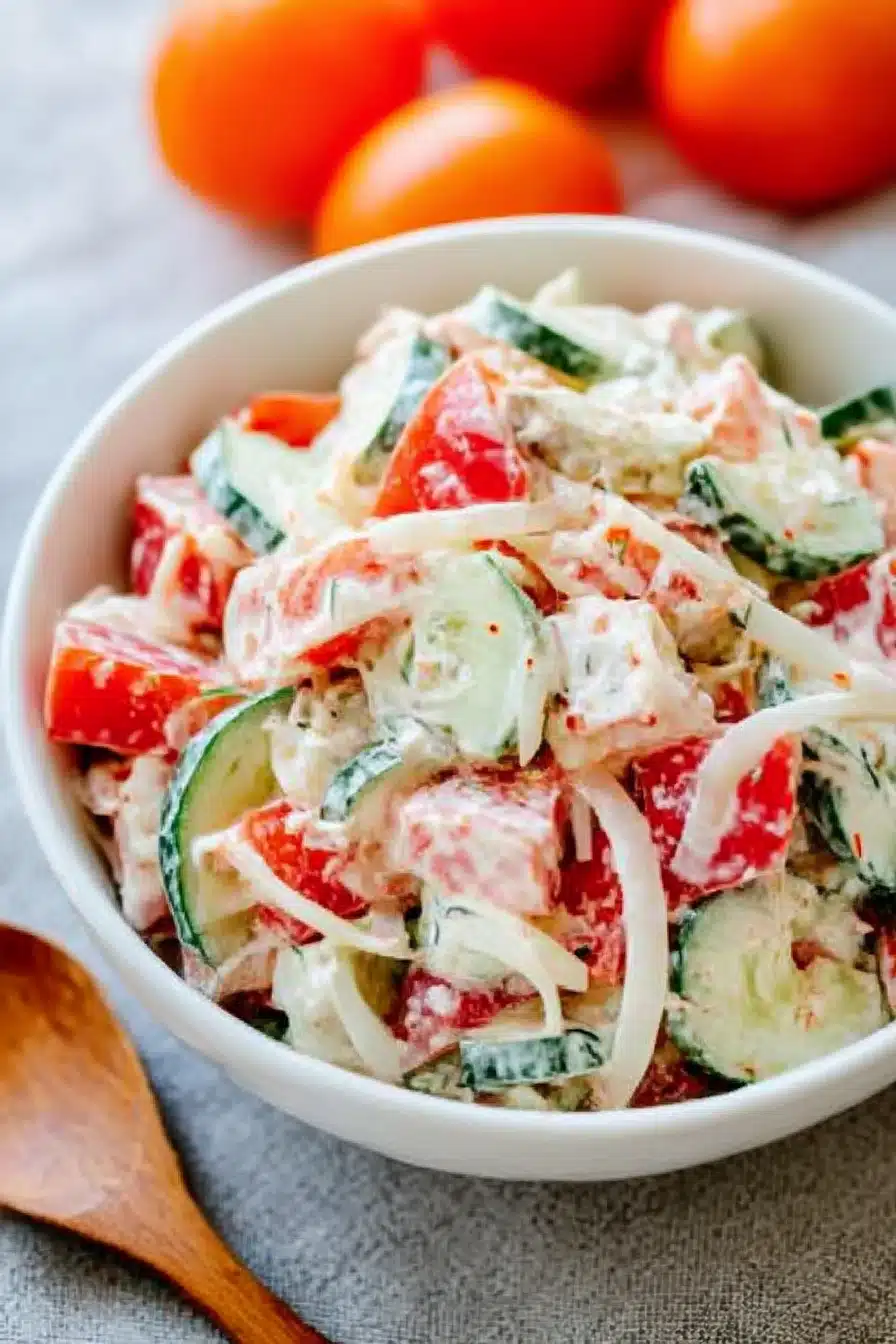 Creamy cucumber and tomato salad with onions in a white bowl, topped with sour cream dressing