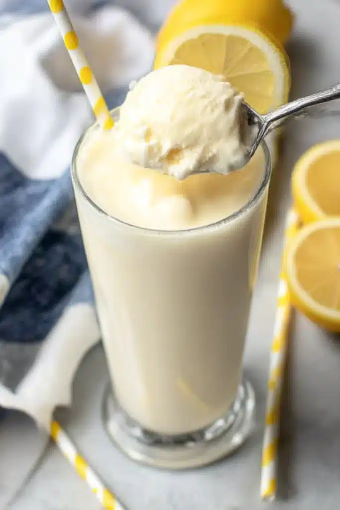 Chick-fil-A Frosted Lemonade Recipe | Sweet, Creamy & Quick 7 Spoonful of creamy Chick-fil-A frosted lemonade lifted from a tall glass with lemon slice and paper straws