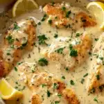 Creamy garlic Parmesan chicken in skillet with golden seared chicken breasts, fresh parsley, and lemon wedges.