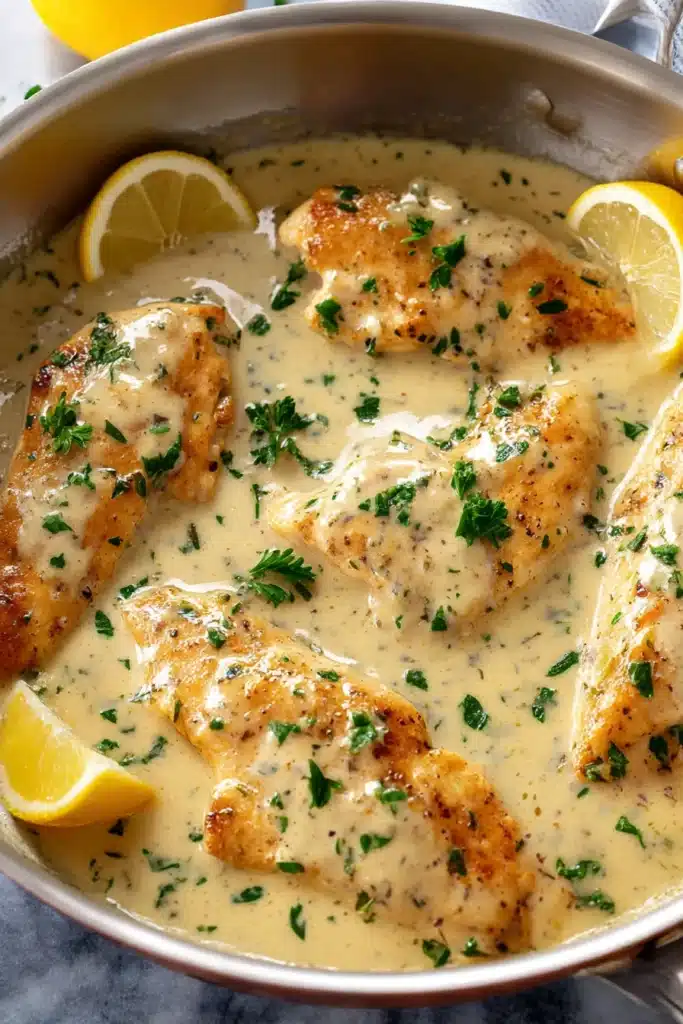 Creamy garlic Parmesan chicken in skillet with golden seared chicken breasts, fresh parsley, and lemon wedges.