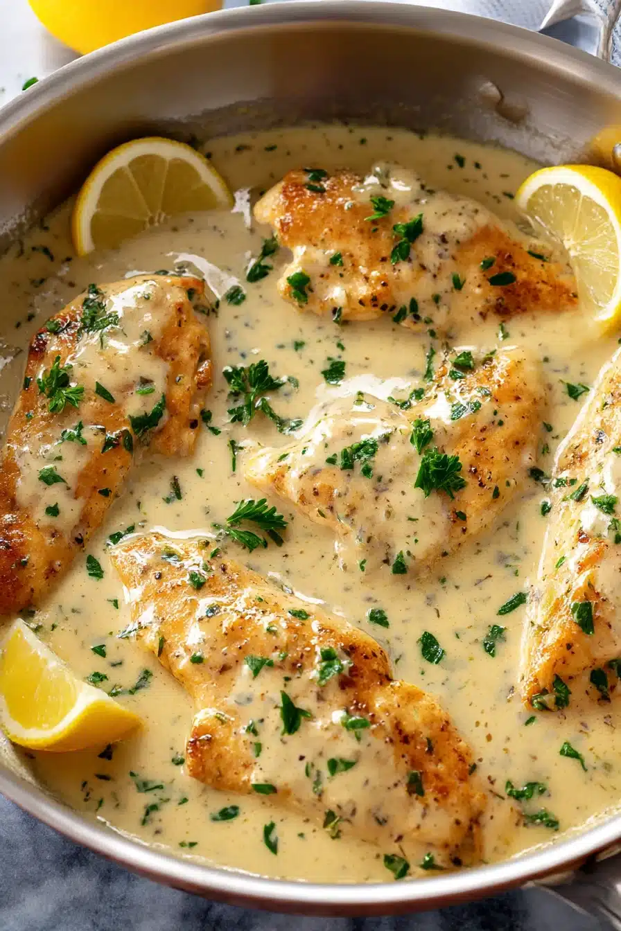 Creamy garlic Parmesan chicken in skillet with golden seared chicken breasts, fresh parsley, and lemon wedges.