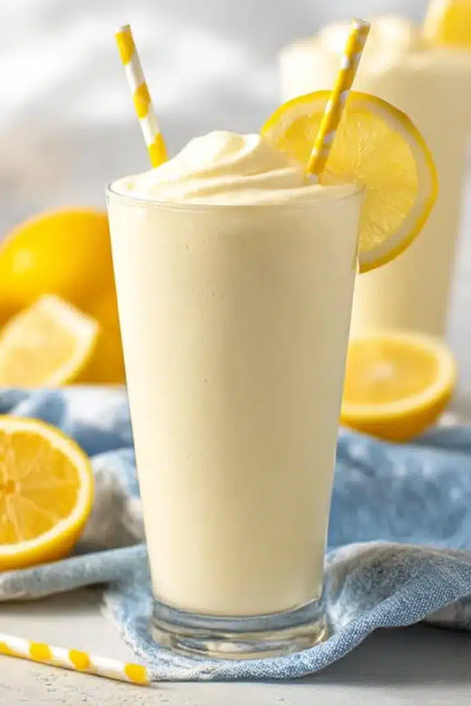Chick-fil-A style frosted lemonade in a tall glass with lemon slice and straws on a striped cloth