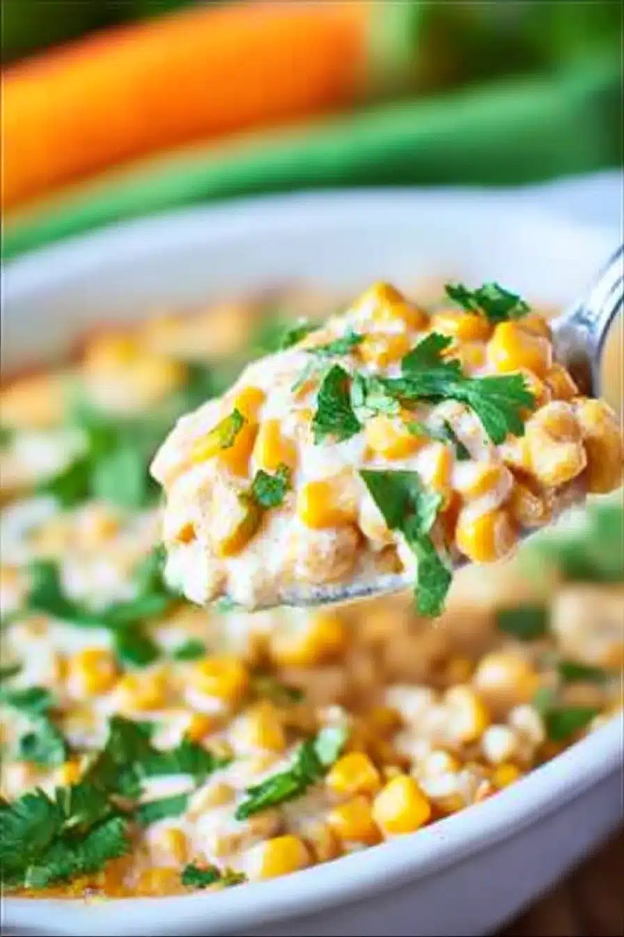 Spoonful of creamy Mexican Street Corn Casserole in a white ceramic bowl topped with fresh cilantro