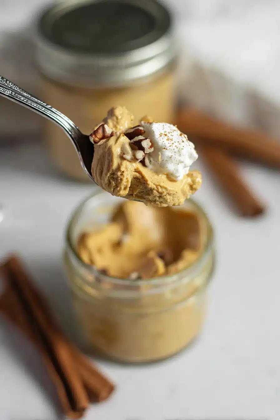 Spoonful of pumpkin fluff dessert with whipped cream and pecans above a glass jar