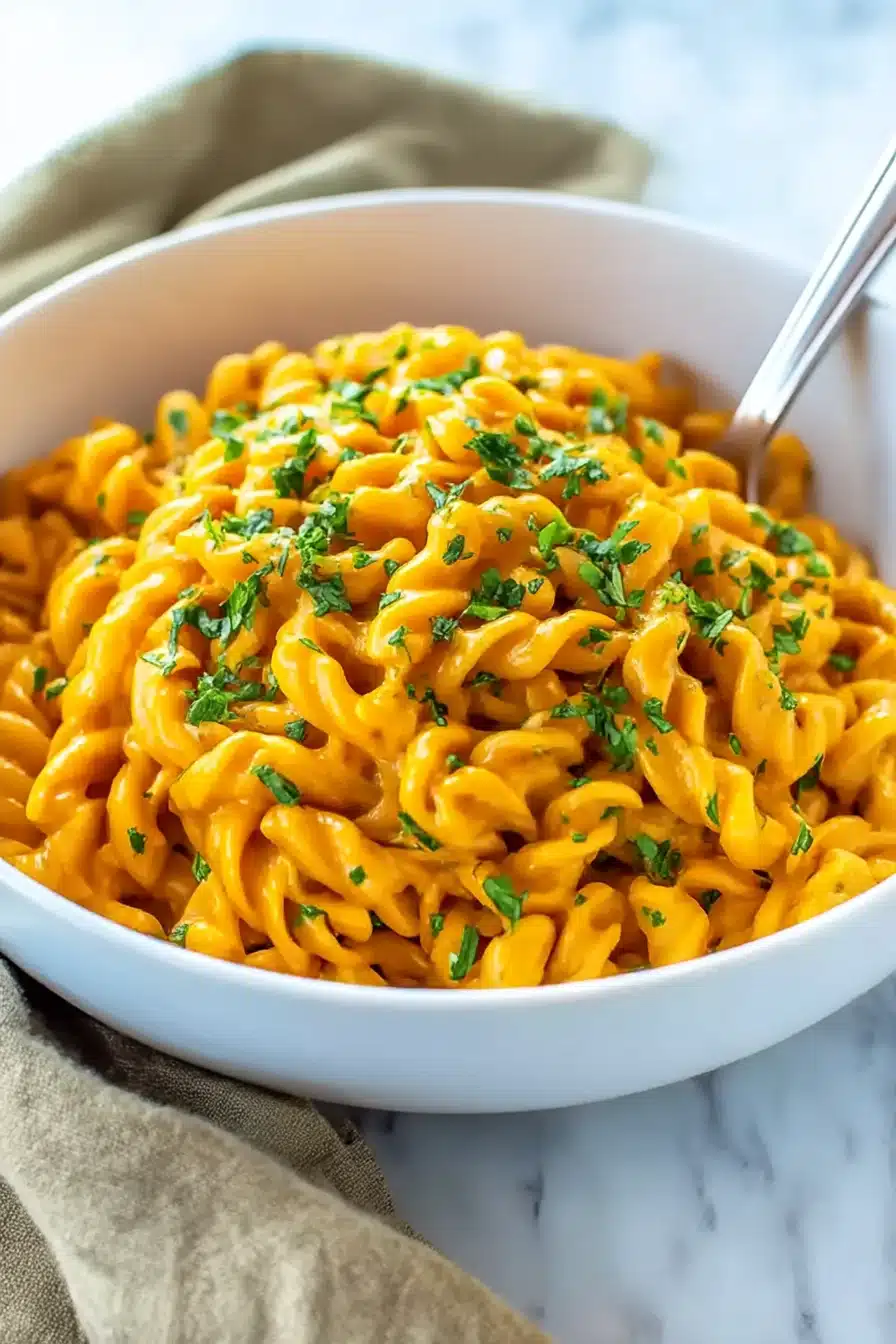 Pumpkin Pasta Sauce tossed with tender noodles and topped with fresh parsley in a white bowl