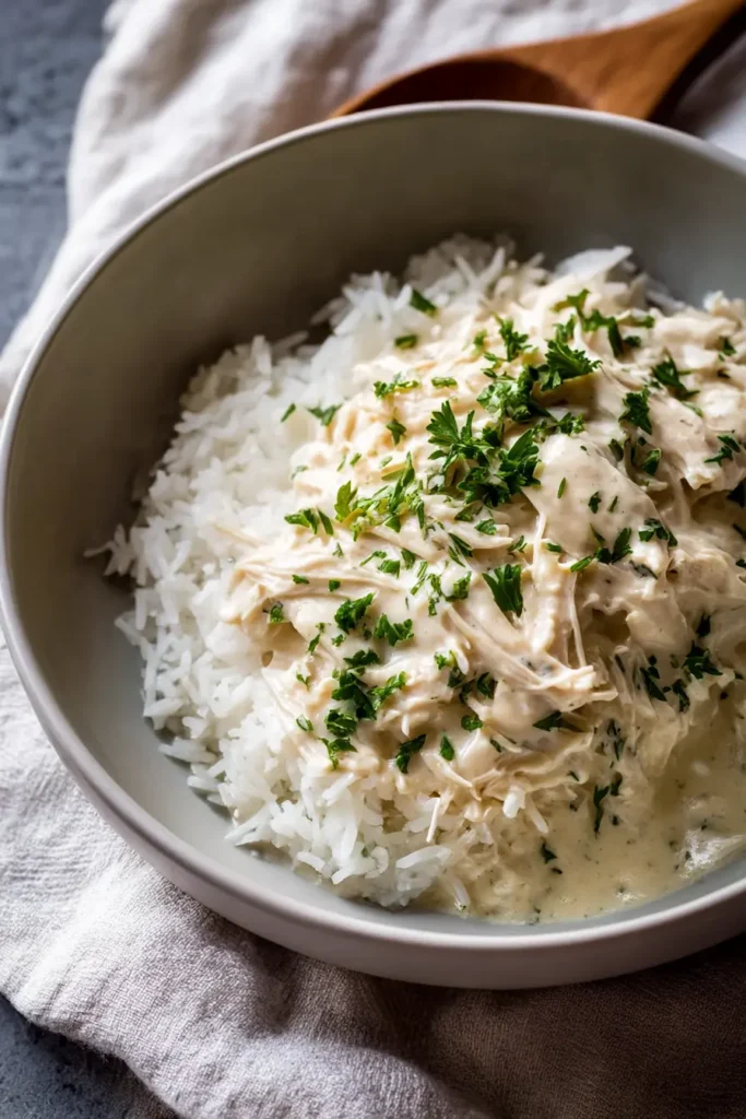 Ranch Chicken Crock Pot served over rice in a green bowl with parsley garnish