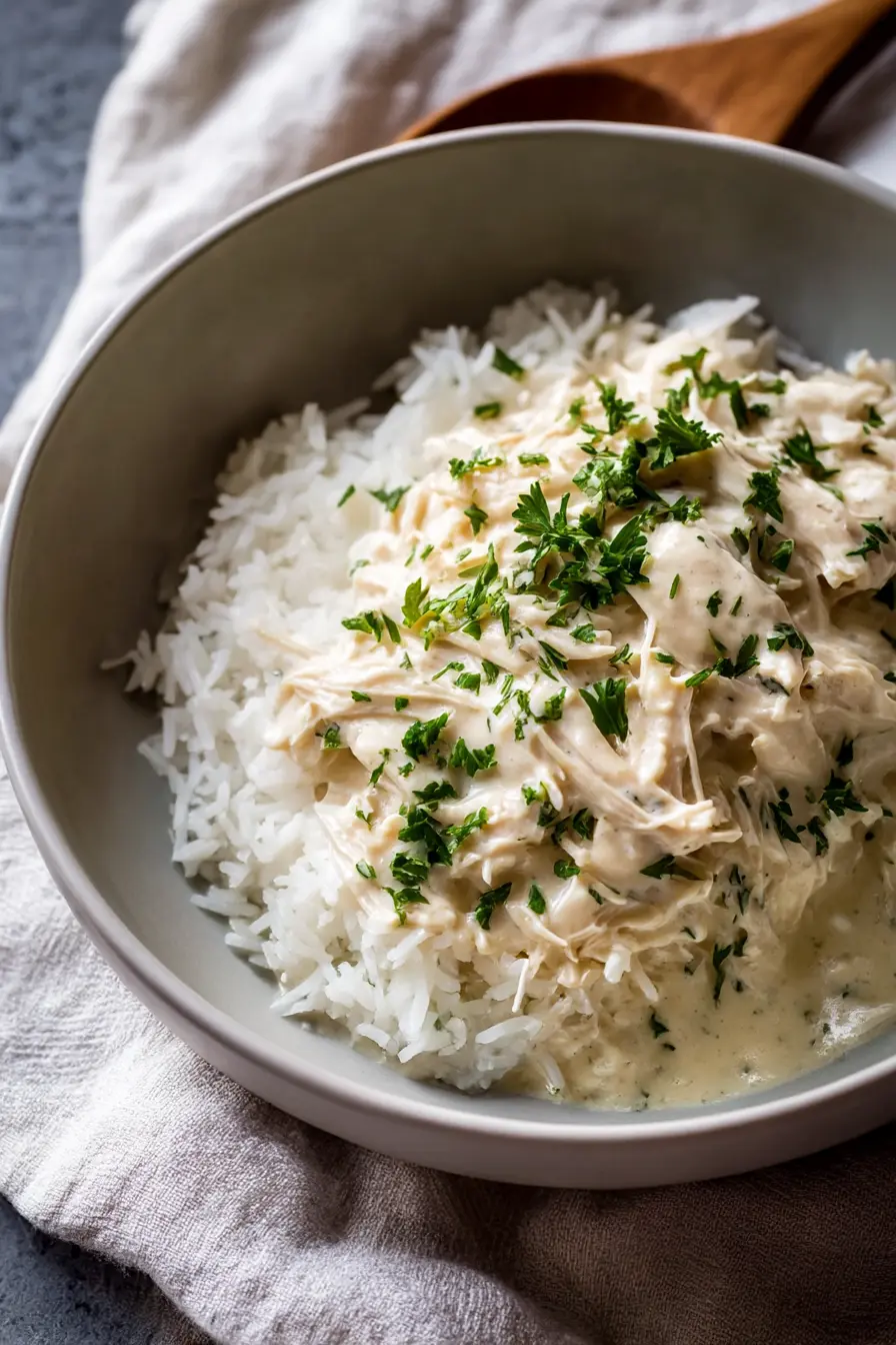 Ranch Chicken Crock Pot served over rice in a green bowl with parsley garnish