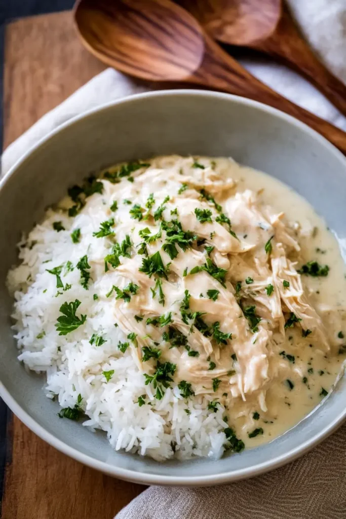 Ranch Chicken Crock Pot in sage bowl served with rice and parsley garnish