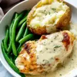 Creamy Ranch Chicken with baked potato and green beans on a white plate, topped with rich sauce and served on a light marble surface.