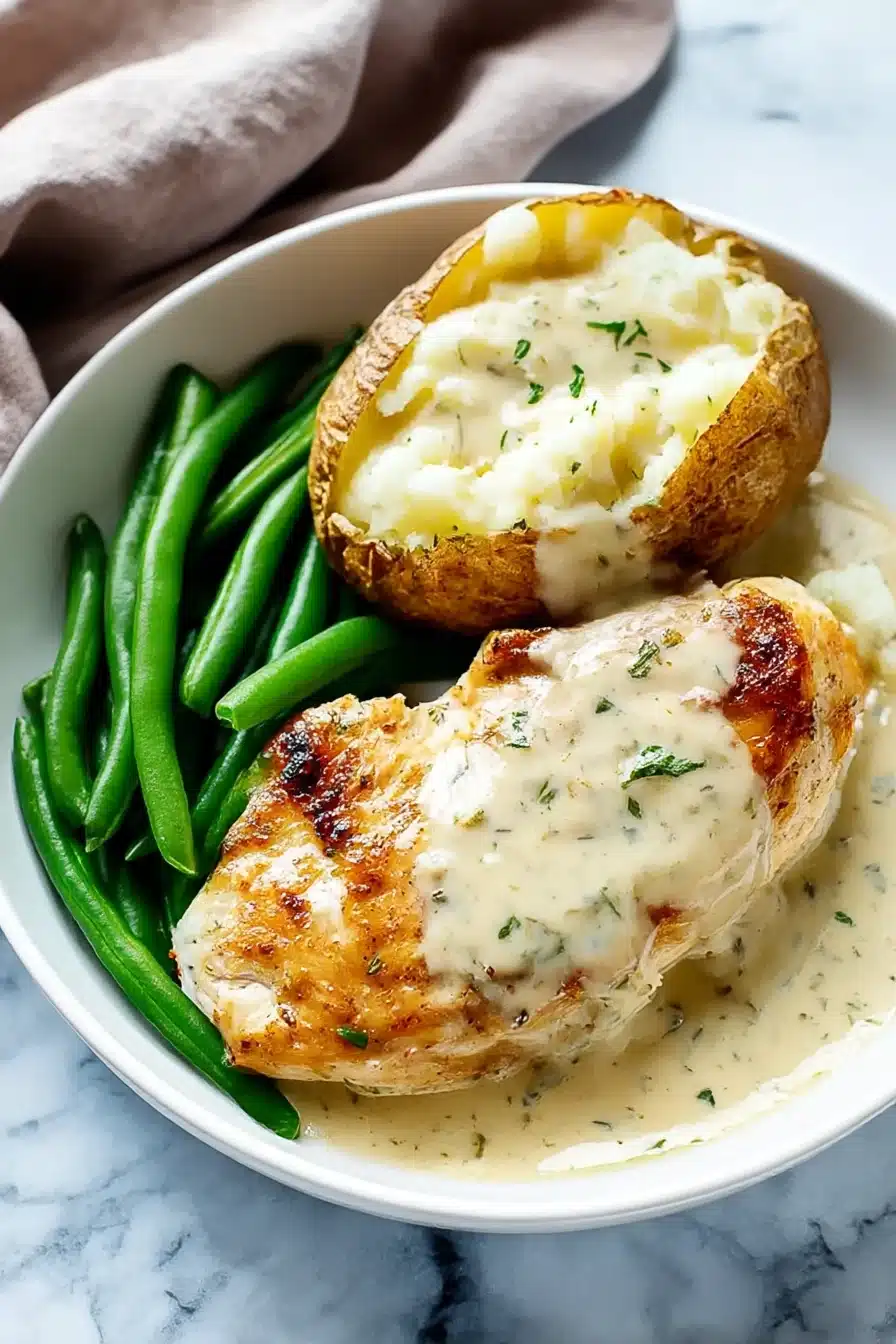 Creamy Ranch Chicken with baked potato and green beans on a white plate, topped with rich sauce and served on a light marble surface.