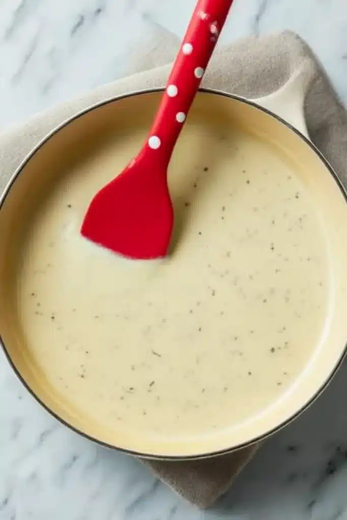 Thick creamy ranch sauce with herbs being stirred in a beige skillet using a red spatula on a marble surface.

