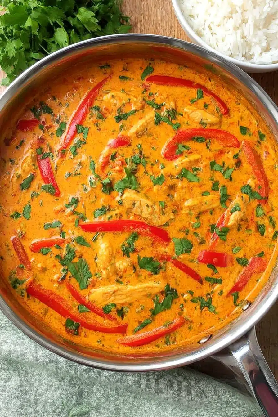Top-down view of easy Thai red curry chicken with rice and cilantro in a skillet