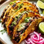 Crispy Black Bean Tacos | Easy & Delicious Dinner Idea 3 Crispy black bean tacos with cheese, guacamole, and pickled onions on a ceramic plate