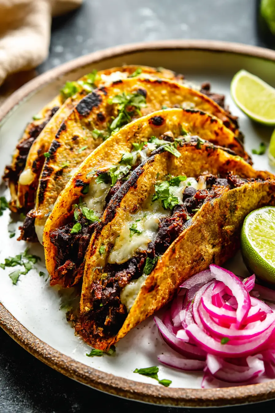 Crispy black bean tacos with cheese, guacamole, and pickled onions on a ceramic plate