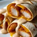 Cheesy Garlic Chicken Wraps – Easy, Crispy & Delicious 5 Stacked crispy chicken wraps cut open, with cheddar cheese and garlic sauce on a white plate.
