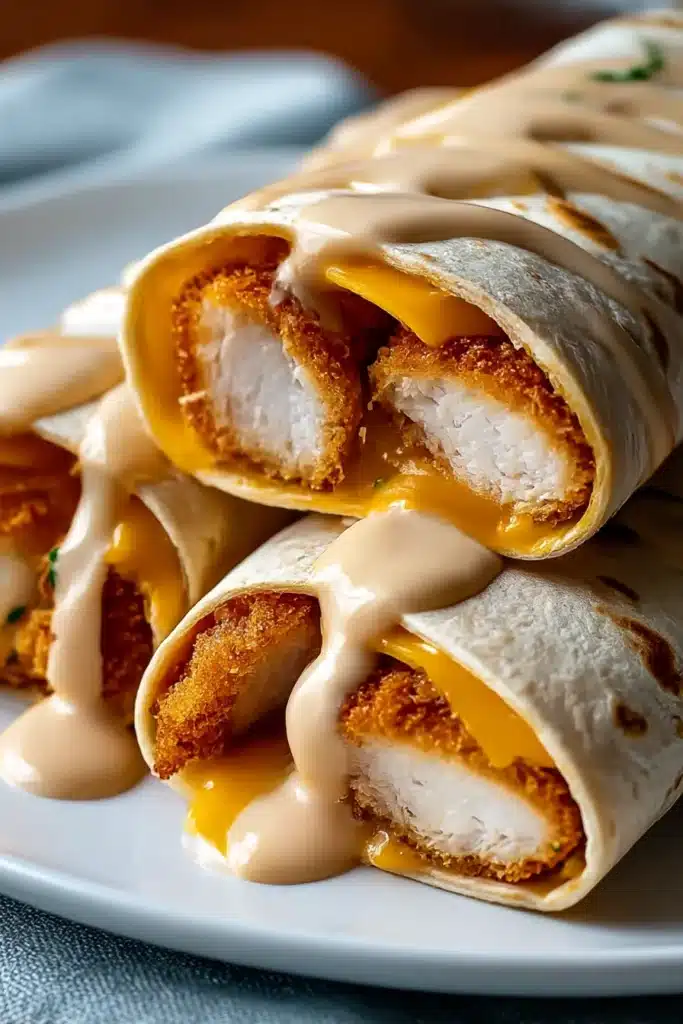 Stacked crispy chicken wraps cut open, with cheddar cheese and garlic sauce on a white plate.