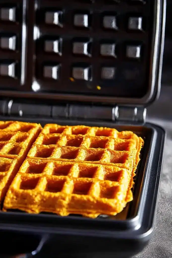 Freshly cooked cider pumpkin waffles on a waffle iron with crispy golden texture