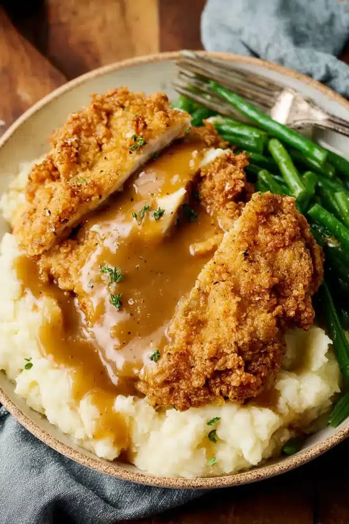 Country fried chicken with gravy, mashed potatoes, and green beans on rustic plate