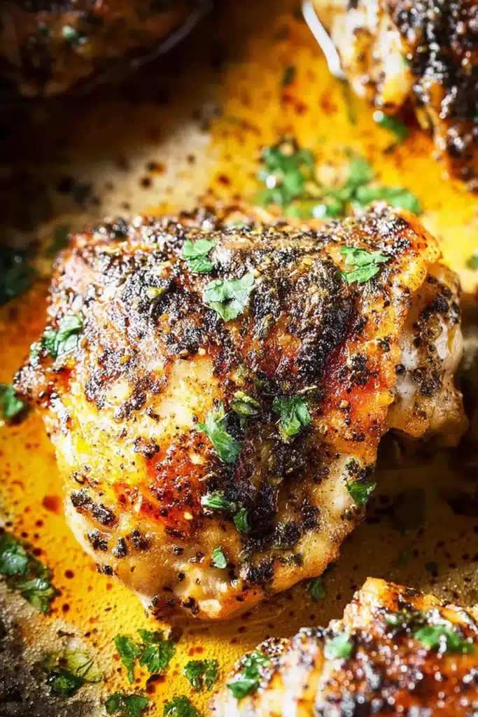 Oven Baked Chicken Thighs (Ultimate Guide) 11 Close-up of a crispy oven baked chicken thigh with parsley and golden pan juices.