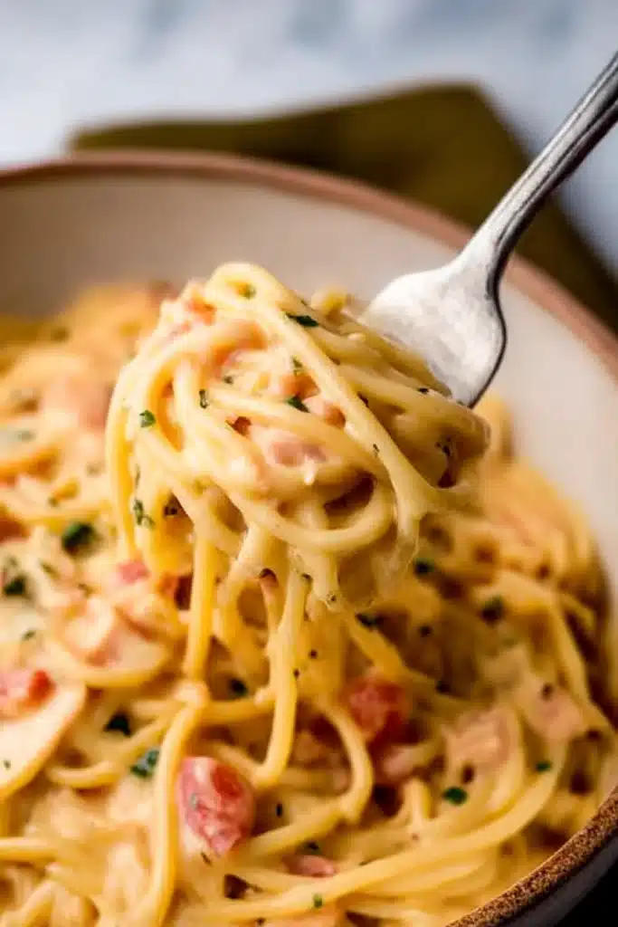 CrockPot Cheesy Chicken Spaghetti Recipe 8 Close-up of creamy CrockPot cheesy chicken spaghetti lifted with a fork.