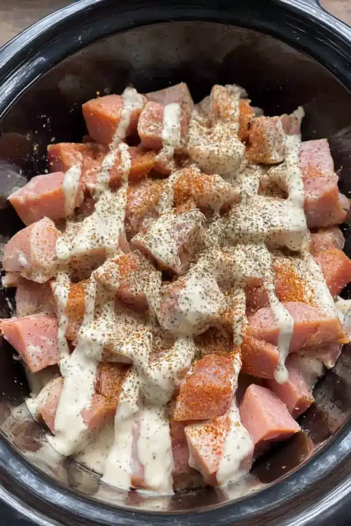 Crockpot Garlic Parmesan Chicken and Potatoes being prepared with seasoned meat and creamy garlic sauce before slow cooking.
