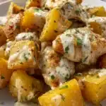 Crockpot Garlic Parmesan Chicken – Easy & Comforting Dinner 7 Crockpot Garlic Parmesan Chicken and Potatoes served with creamy garlic sauce and herb garnish on a rustic plate.