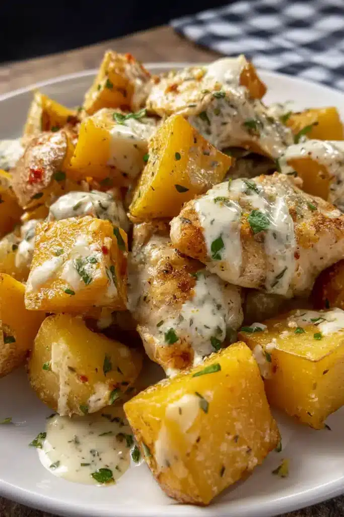 Crockpot Garlic Parmesan Chicken and Potatoes served with creamy garlic sauce and herb garnish on a rustic plate.