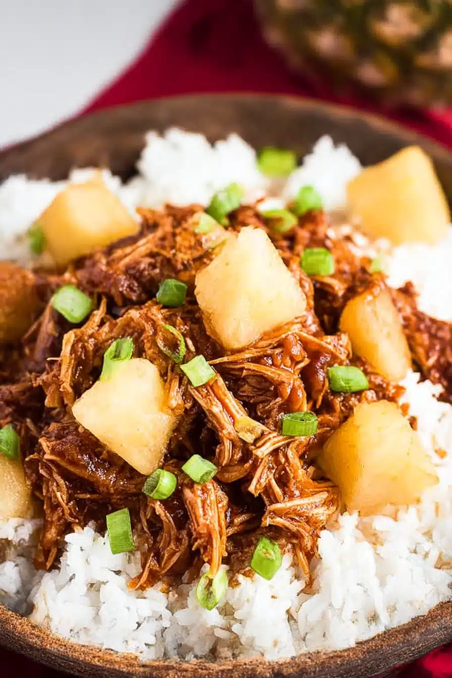 Shredded Crockpot Hawaiian BBQ Chicken with pineapple chunks over white rice in a charcoal bowl